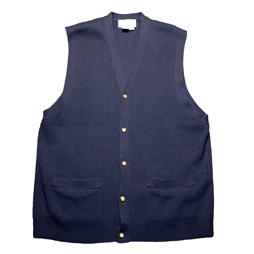 Vintage Eddie Bauer Sweater Vest Men's Medium Navy Blue Button Up Grandpa Preppy